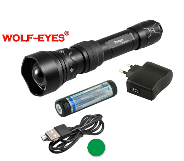 Nabíjateľná LED baterka Wolf-Eyes Ranger zelená LED, USB v.2017 -Set
