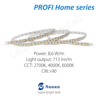 LED pásik PROFI Home 8,6W/24V, 300 LED/m CRI>90 (WW 2700K) - 656lm/m